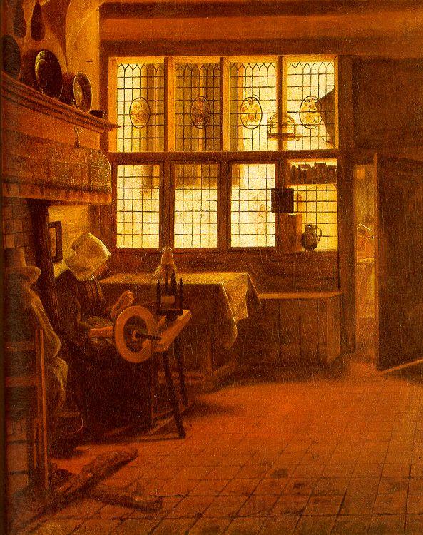 BOURSSE, Esaias Interior with a Woman at a Spinning Wheel fdgd Norge oil painting art